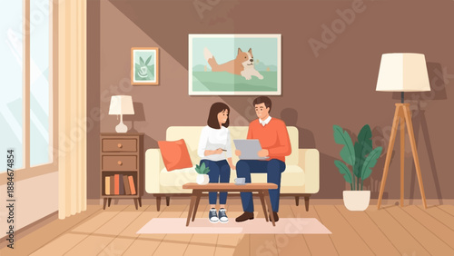 Couple collaborates on laptop in a cozy living room with dog art