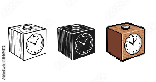 Creative variations of wooden cube clocks in different artistic styles