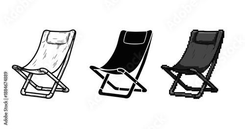 Three artistic folding chairs: sketch, silhouette, and pixel styles