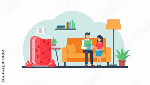 Couple consults with health professional in a cozy living room setting with a large medicine bottle