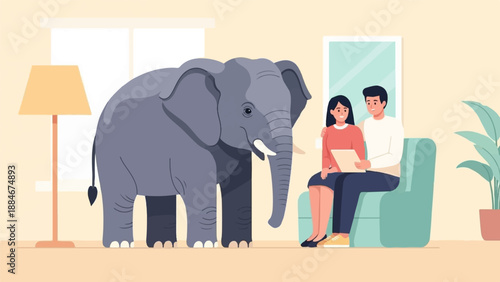 Couple consults with an elephant in a living room with a lamp