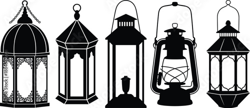 Traditional decorative lantern silhouettes set isolated on white background featuring vintage metal Ramadan, Eid, festival lighting designs for Islamic celebration and home decor