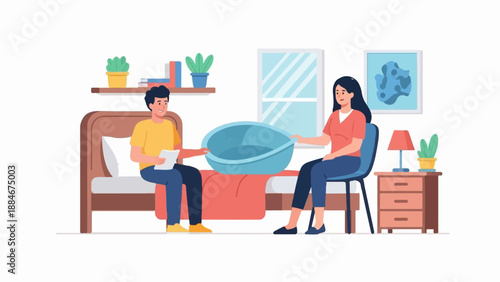 Couple discussing care while holding a blue basin in a bedroom