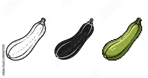 Zucchini variations in black and white, negative, and pixel art styles