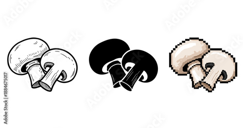 Mushroom trio: vintage, silhouette, pixel art representations