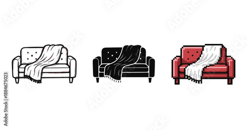 Three stylish sofa designs: minimalist, silhouette, and pixel art variations
