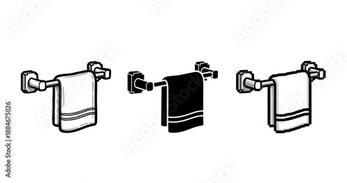 Monochrome set of hanging towels on wall racks in simple design