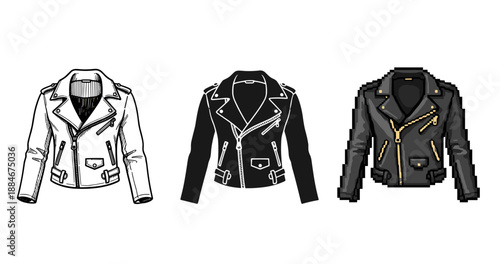 Variety of stylish leather jackets: pixel art, outline, realistic designs