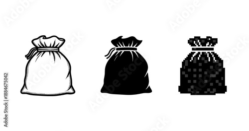 Set of three stylized sack icons: outline, solid, pixelated