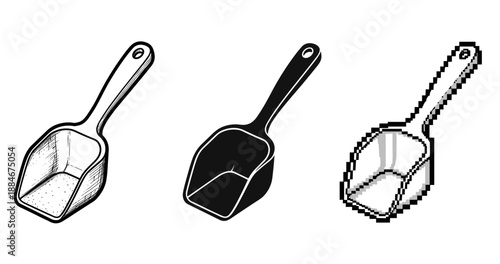 Set of three isolated scoops in different art styles on white background