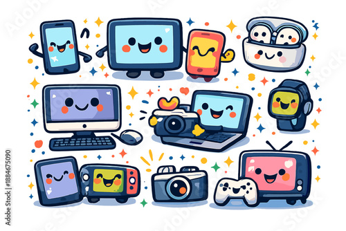 Cheerful Gadget Doodles. Playful doodle electronics illustration with happy gadgets interacting, friendly phones, tablets and