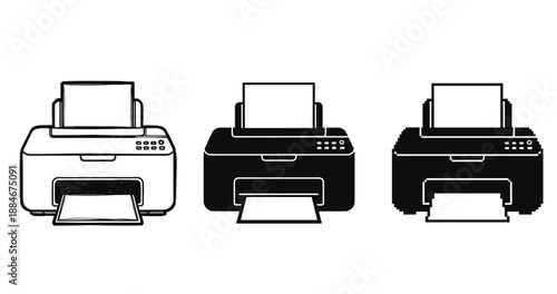 Set of three printer icons in black and white