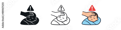 newborn fever check icon on light background. parent checking baby temperature with hand. health alert symbol. gesture clearly readable