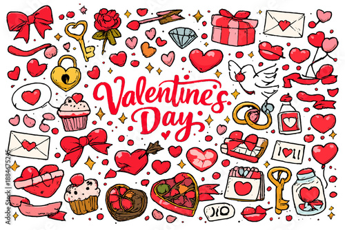Valentine Icon Set. Love themed Valentine icon set with hearts, roses, cupid arrows, love letters, rings, chocolates plus bows,