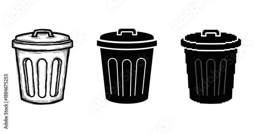 Trash can icons in various artistic styles: outline, silhouette, pixel art
