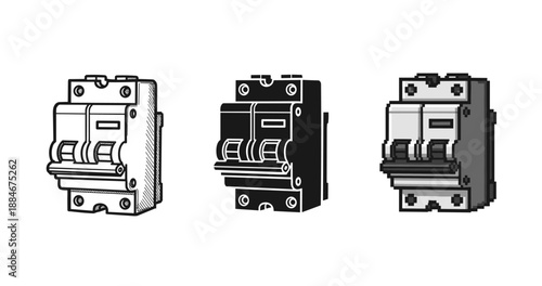 Three circuit breakers: illustrated electrical safety components on white background