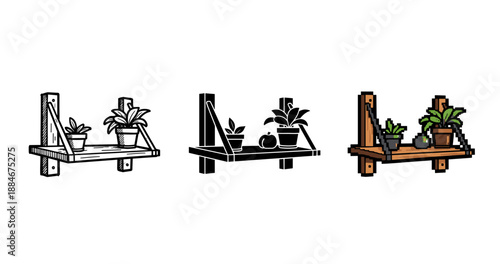 Variety of wooden wall shelves with potted plants in different styles