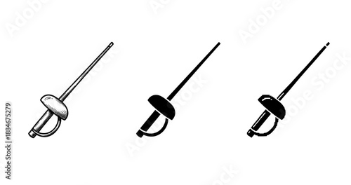 Set of sabre illustrations: detailed, silhouette, minimalist sword designs on white