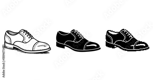 Evolution of men's dress shoes: sketch, vector, pixel art styles