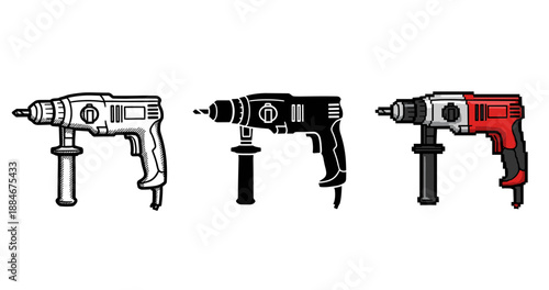 Collection of three electric drills in black and white and color variations