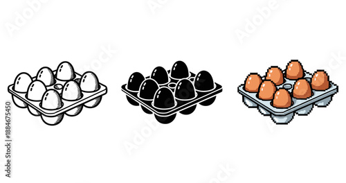 Varied art styles of egg cartons: black and white, silhouette, pixel art
