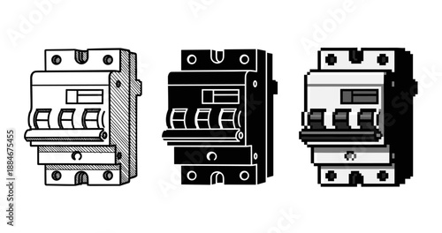 Set of three circuit breakers in black and white illustration style