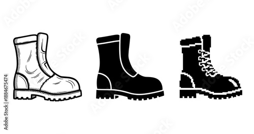 Trio of boot designs: sketch, silhouette, pixel art styles