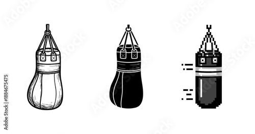 Triple boxing bag comparison: realistic, illustrated, pixel art
