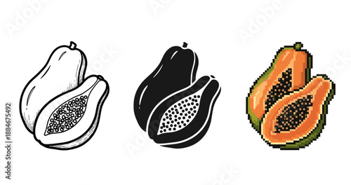 Papaya illustrations: sketch, silhouette, pixel art variations