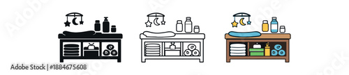 baby diaper station storage icon on light background. complete diaper changing storage setup. care station symbol. items clearly readable
