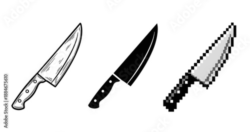 Three kitchen knives: detailed, silhouette, and pixel art styles side by side