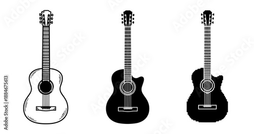 Three acoustic guitars: outline, solid black, pixelated designs on white background