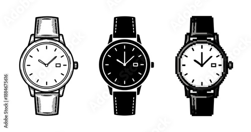 Set of three stylish analog wristwatches in different artistic styles
