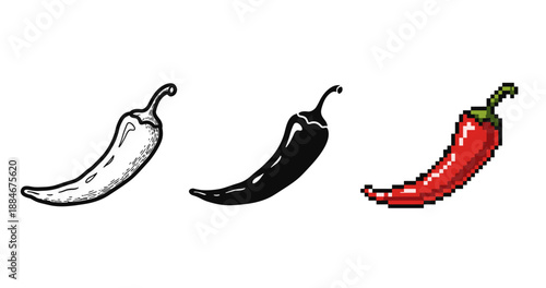 Stylized black and white peppers and pixel art chili on white background