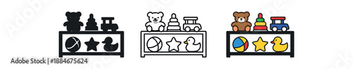 baby toy shelf icon on light background. low shelf displaying baby toys. easy reach play storage symbol. toy shapes readable