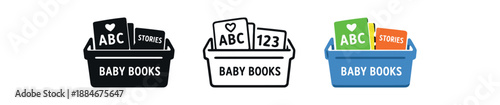 baby book storage bin icon on light background. bin holding baby books. reading organization symbol. book spines readable