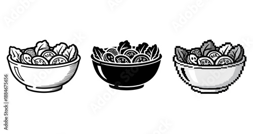 Black and white variations of salad bowls in line art and pixel styles