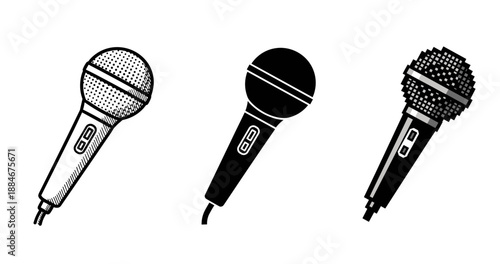 Set of three microphones in diverse artistic styles on white background