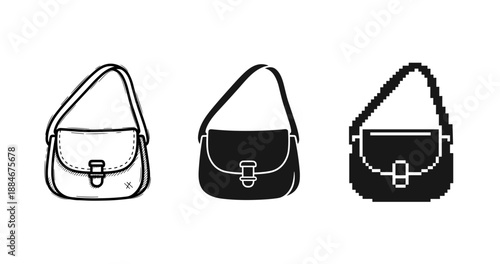 Set of three icon styles of handbags: sketch, silhouette, pixel art