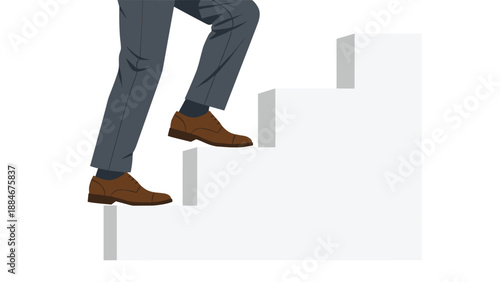 Close-up of professional legs and feet in elegant dress shoes steadily ascending white stairs, symbolizing significant career advancement and progress.