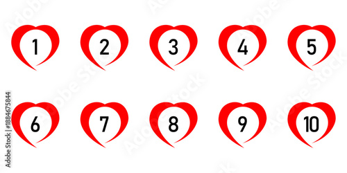 Red Heart Number Icons Set 1 to 10