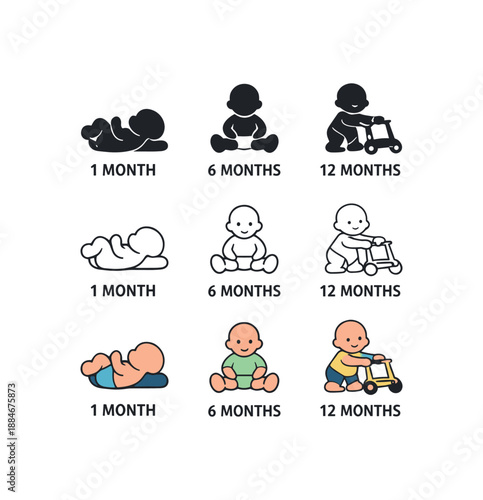 baby milestone timeline icon on light background. sequence of baby growth stages by months. developmental progress symbol. stages clearly readable