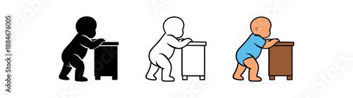 baby pulling to stand icon on light background. infant holding furniture and standing up. strength and balance milestone symbol. body alignment readable