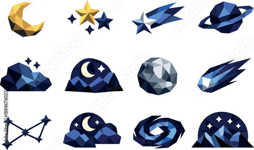 Starry Night Icons. Low-poly vector icon set for starry night sky and celestial atmosphere, featuring angular polygonal geometry,