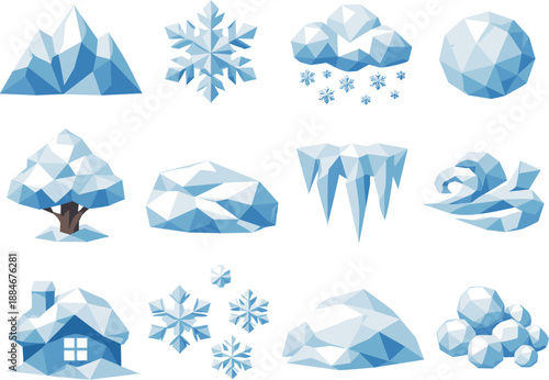 Winter Icon Set. Fluffy winter snow and light powdery snowfall illustrated as a cohesive low-poly vector icon set built from