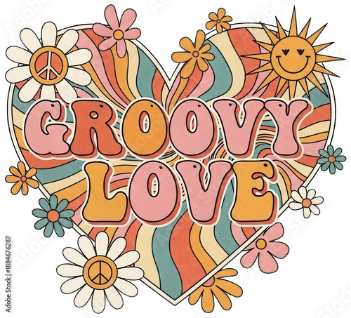 Valentine Groovy love heart design with peace signs and smiling sun, retro floral daisies around colorful vintage artwork