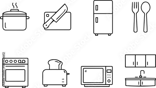 Kitchen icons with appliances, utensils, and cabinets.
