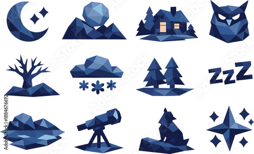 Nocturnal Icon Set. Low-poly polygonal vector icon set focused on long nights, extended darkness, winter night calm, and nocturnal