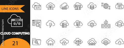 Cloud Computing Data Analytics Server Network Technology Vector Line Icon Set