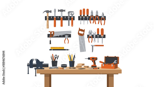 Comprehensive collection of diverse hand tools and essential power tools, including hammers, saws, drills, and wrenches, neatly arranged on a sturdy wooden workbench.